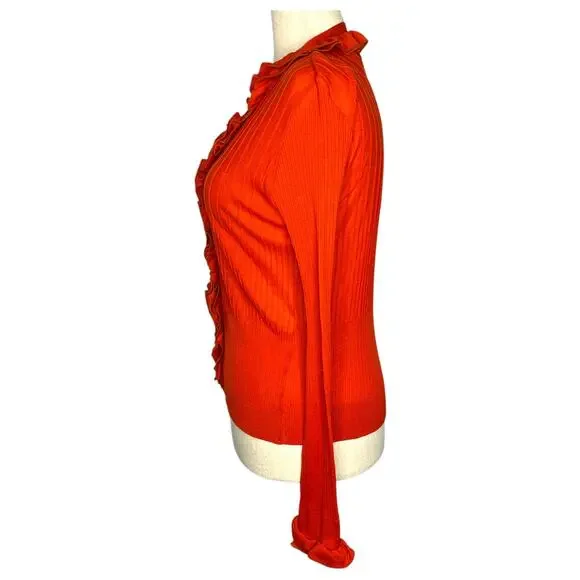Anne Fontaine Women's Cardigan Size 46 14 Orange Ruffle Knit Ribbed V-Neck